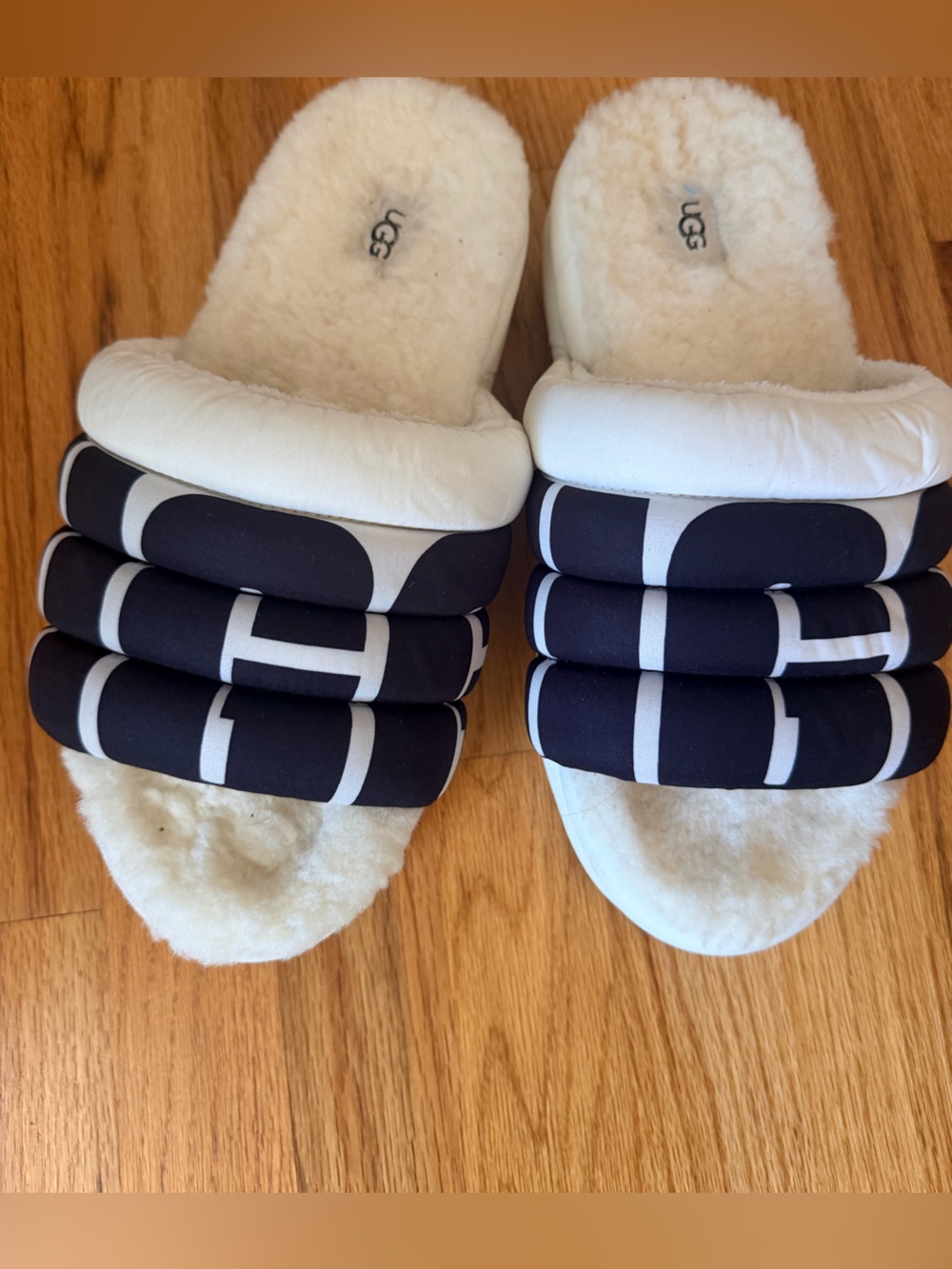 UGG Black & White Puffer Shearling Slide Slippers